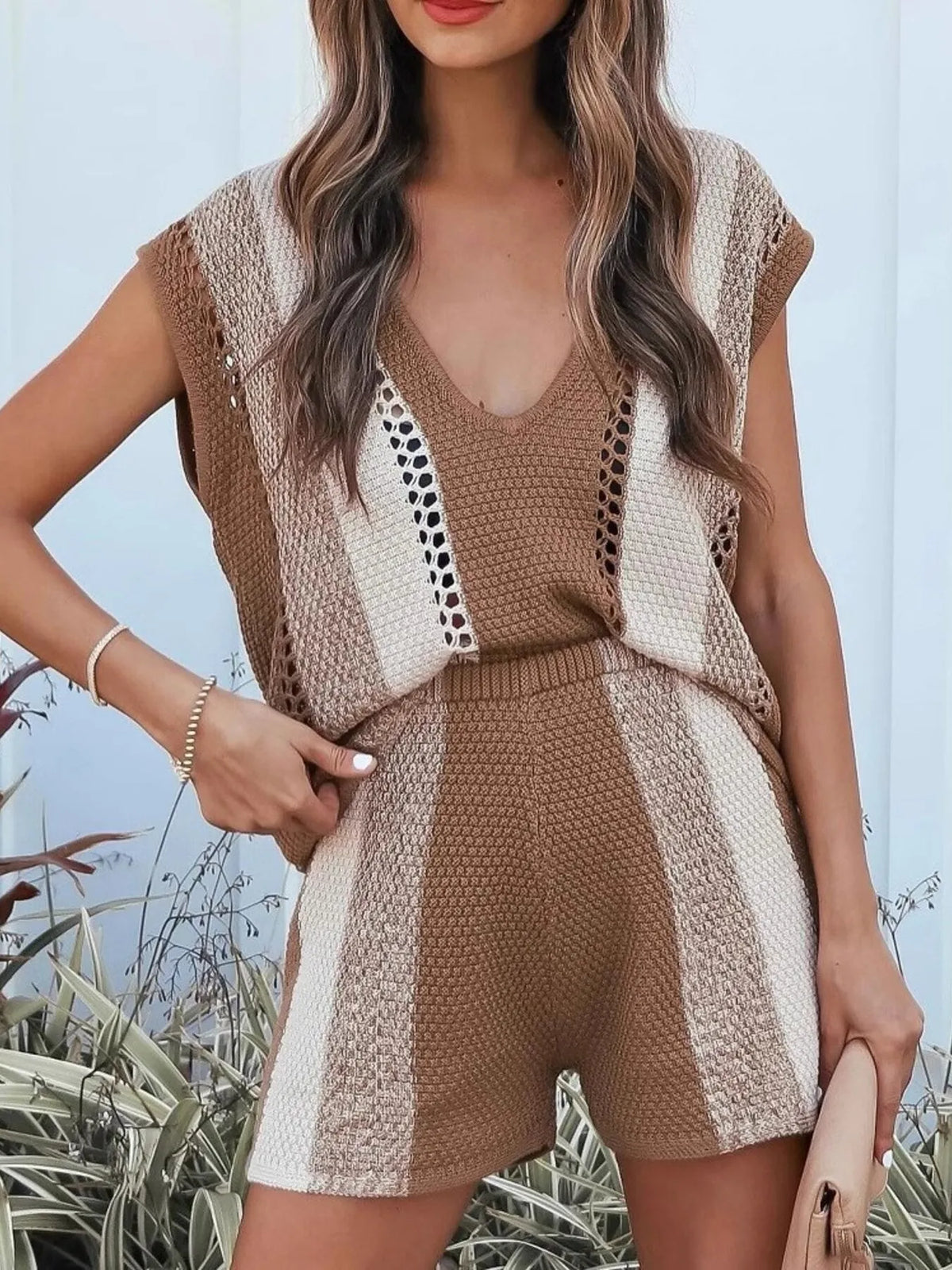 openwork knit v neck top and shorts set camel front view