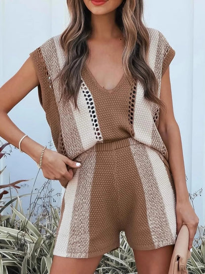 Openwork Color Block V-Neck Top and Shorts Sweater Set Camel - Fashorio