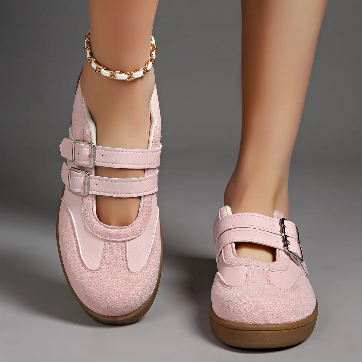Round Toe Double Buckle Loafers - Fashorio