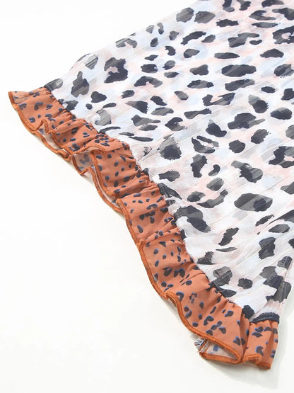 Plus Size Leopard Ruffle Trim Long Sleeve Blouse - Fashorio