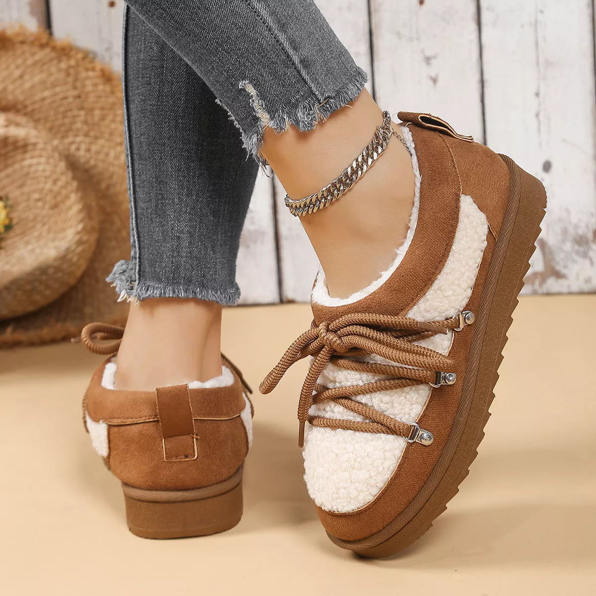 Lace Up Round Toe Platform Ankle Boots full pair view