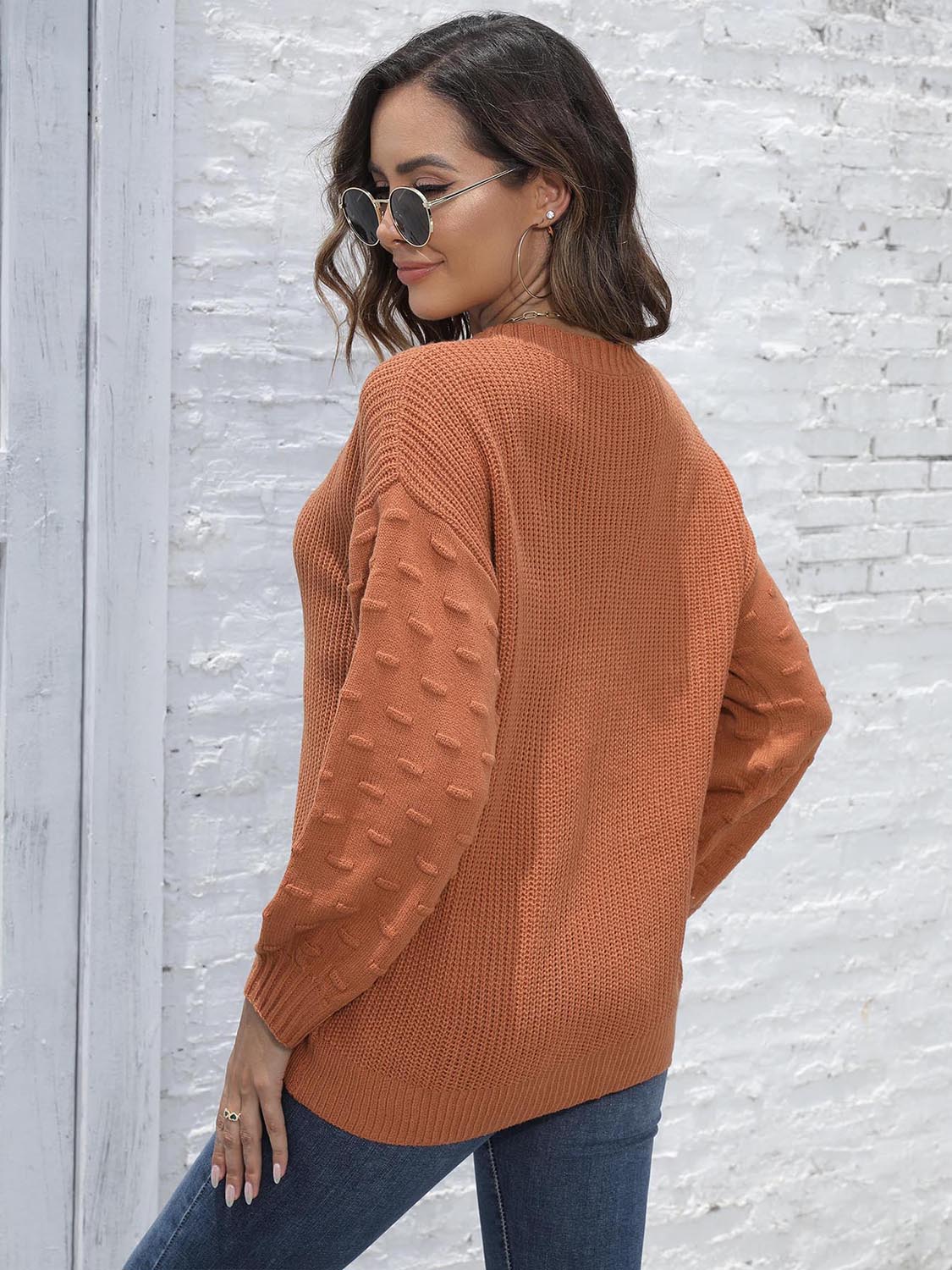 Round Neck Dropped Shoulder Sweater - Fashorio