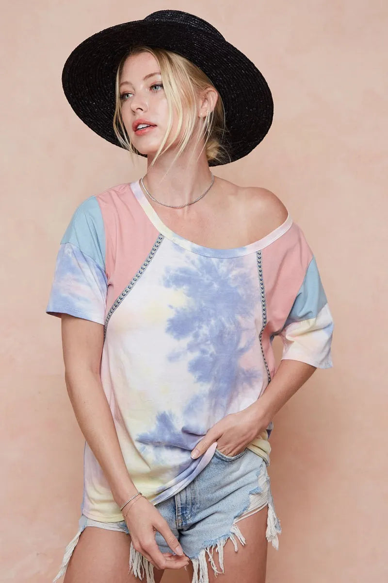 Tie dye color block short sleeve top front view