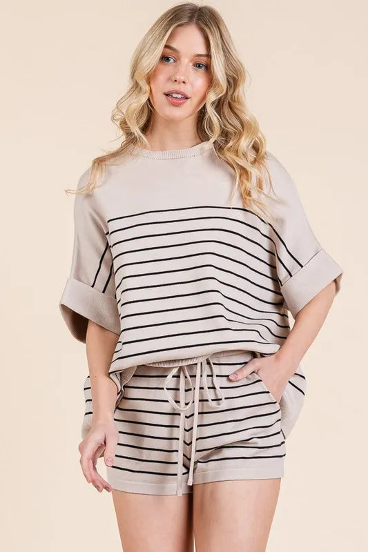 Lime 'N' Chili Striped Folded Half Sleeve Top and Shorts Set - Fashorio