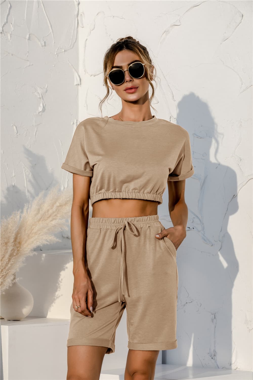 Short Sleeve Cropped Top and Drawstring Shorts Lounge Set Tan - Fashorio