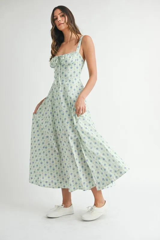 Floral Print Bustier Back Lace Up Midi Dress on model