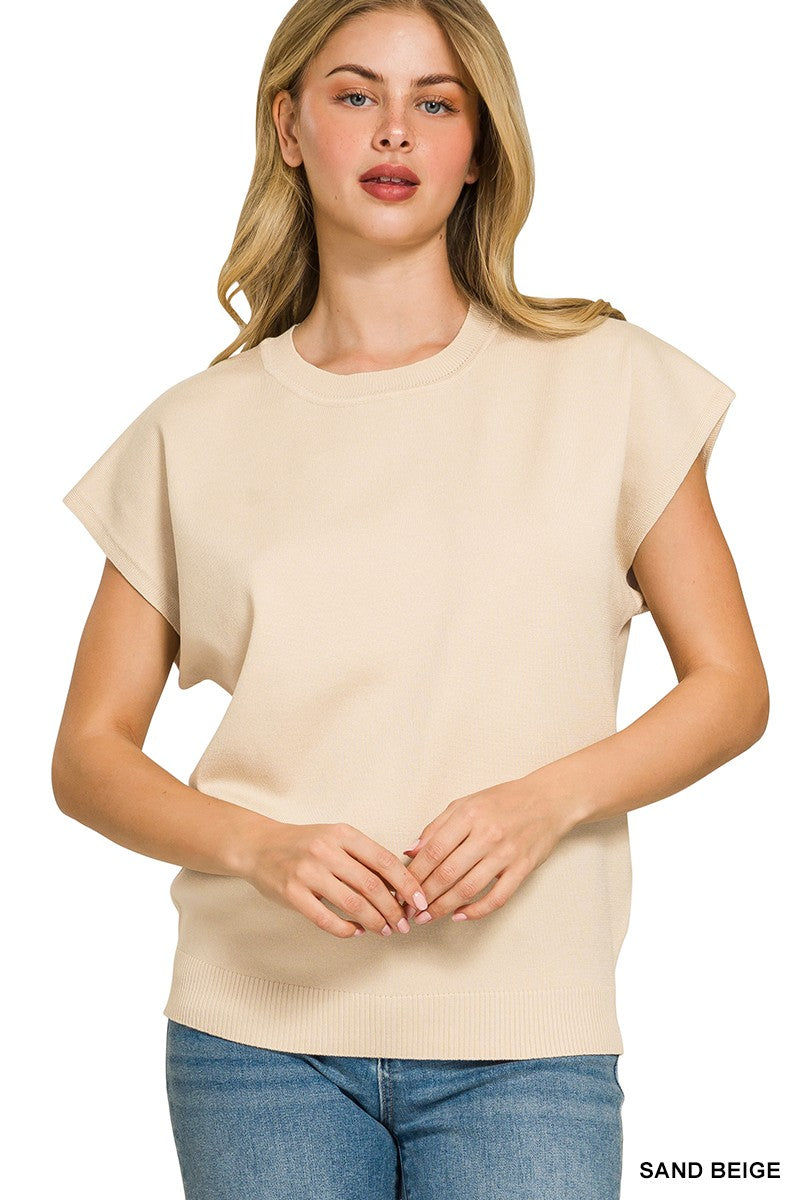 Round neck short sleeve ribbed sweater front