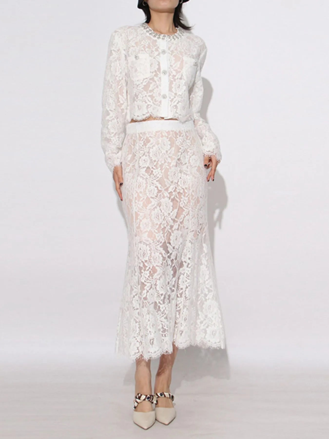 Lace Snap Down Top and Skirt Set - Fashorio