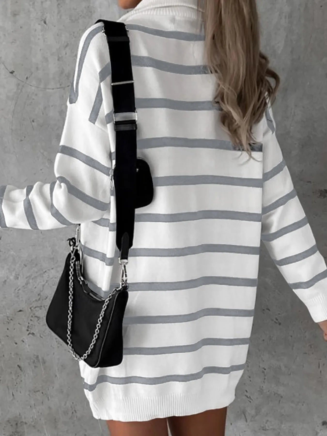 Striped O-ring Zip Collared Loose Sweater Mini Dress - Fashorio