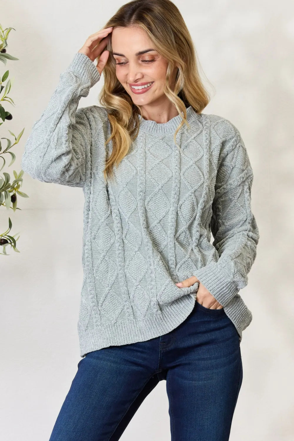 Cable Knit Round Neck Sweater in Dusty Sage back view