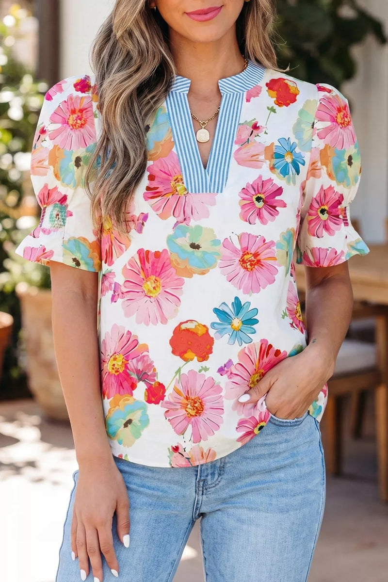 Floral print puff sleeve V neck blouse front view