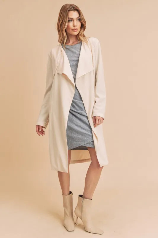 Aemi + Co Open Front Long Sleeve Longline Coat Ivory - Fashorio