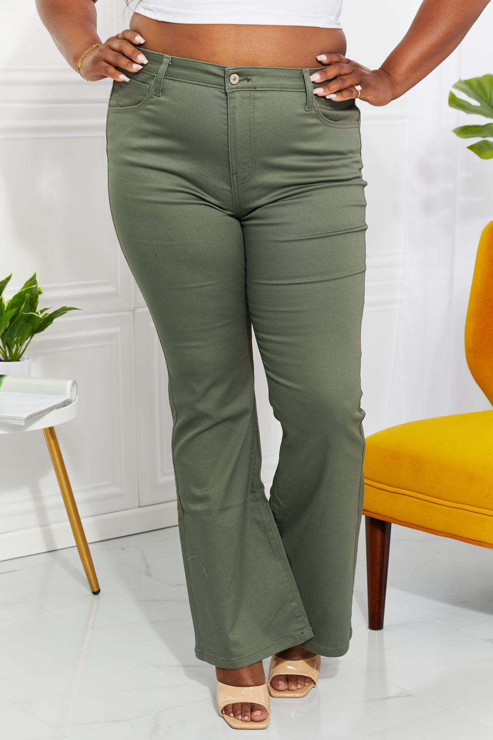 High Rise Bootcut Jeans in Olive on model