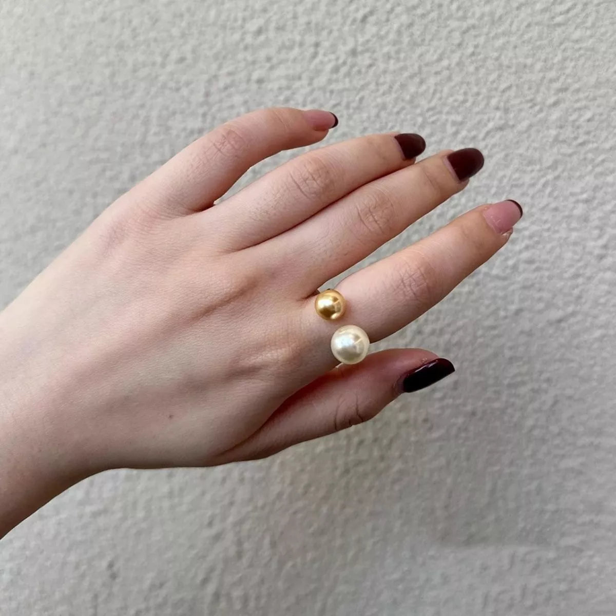 Double pearl open sterling silver ring front view
