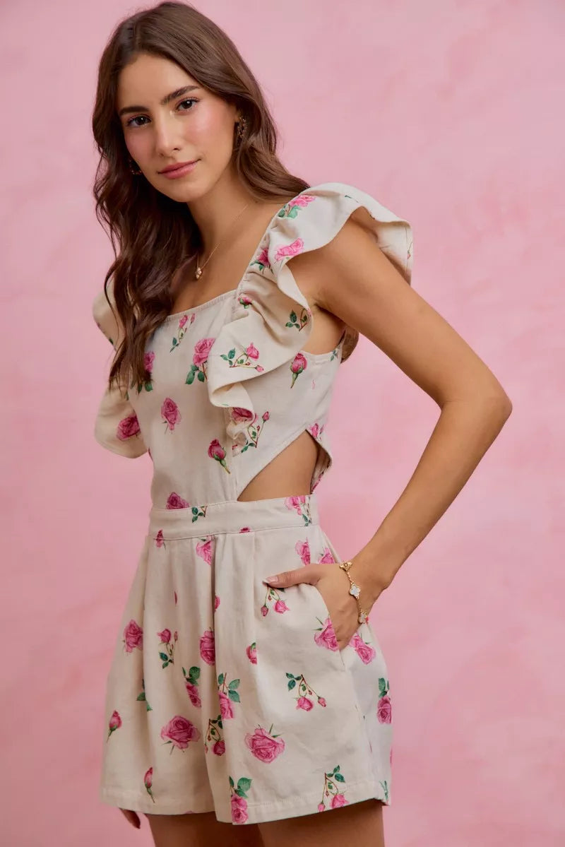 Floral Print Denim Cut Out Waist Ruffled Romper side view