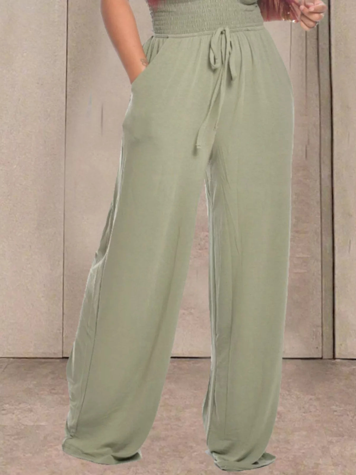 Sage strapless smocked wide leg jumpsuit back view