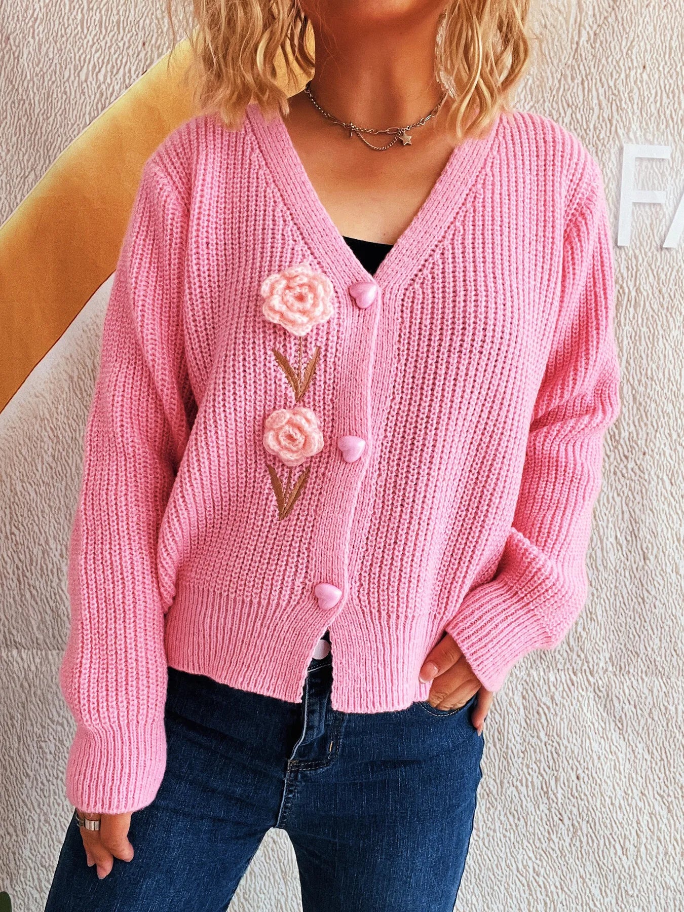 Flower V-Neck Button Up Cardigan - Fashorio