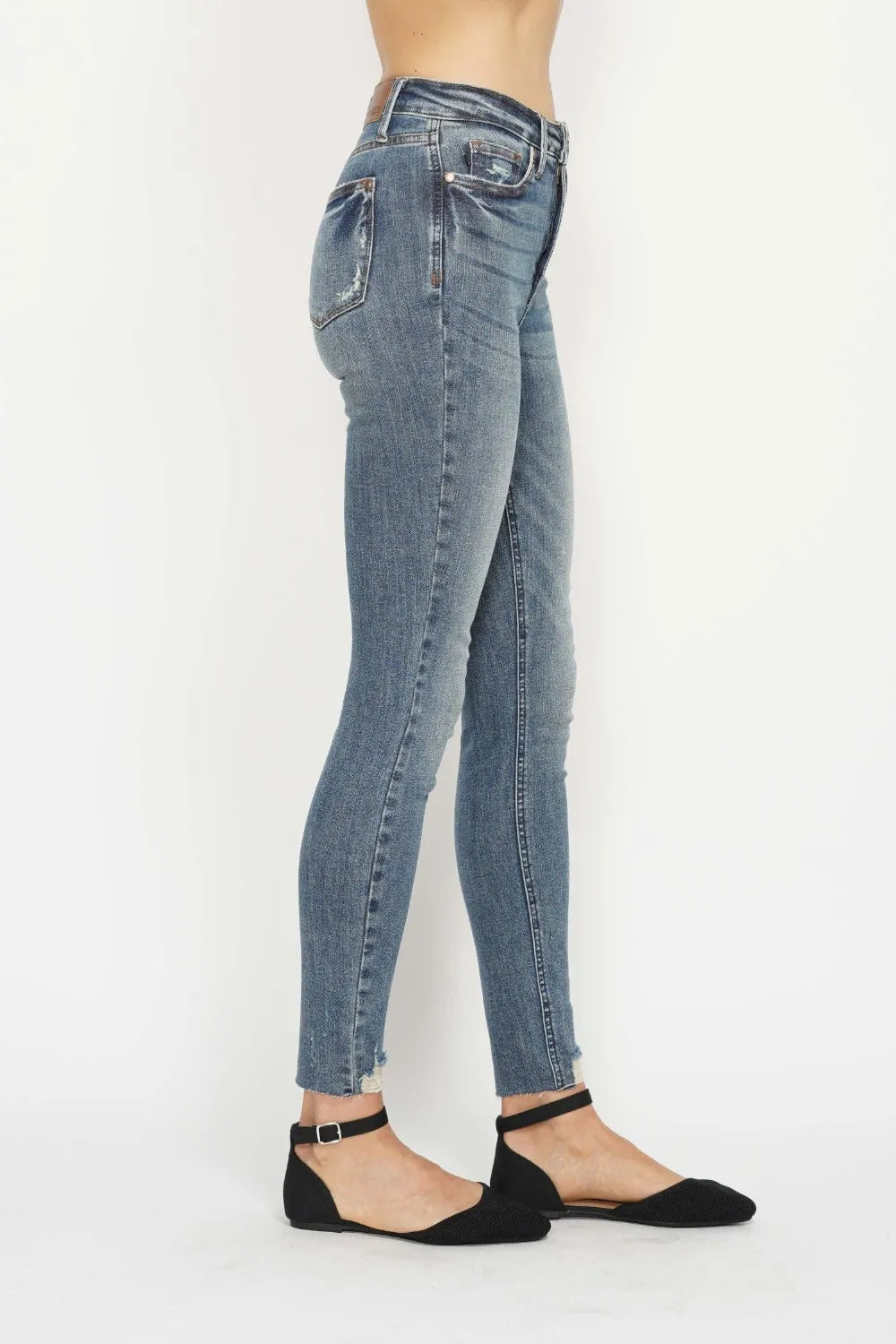 Judy Blue Tummy Control Vintage Wash Hem Distressed Skinny Jeans detail