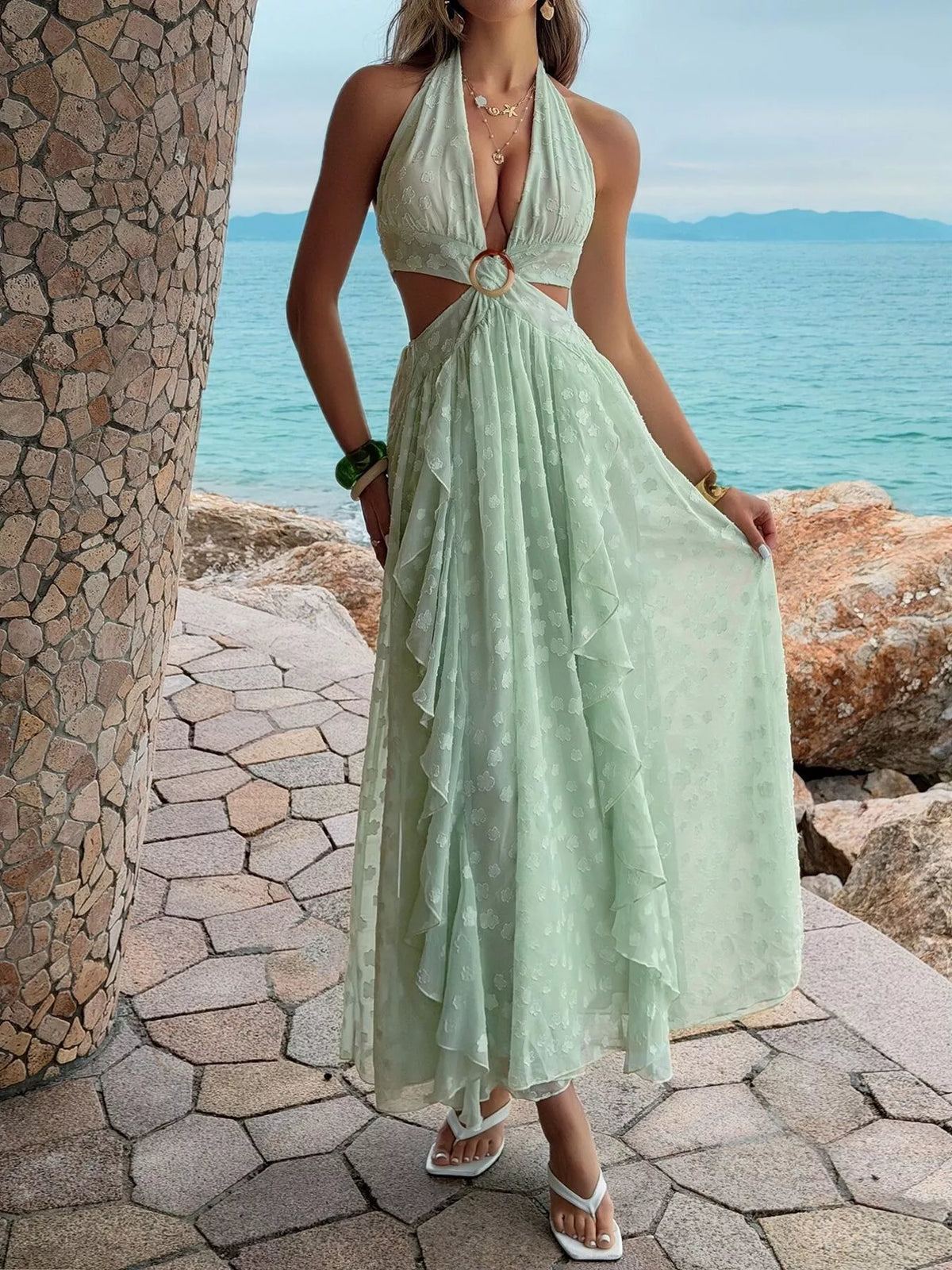 Green ruffled halter neck maxi dress side view