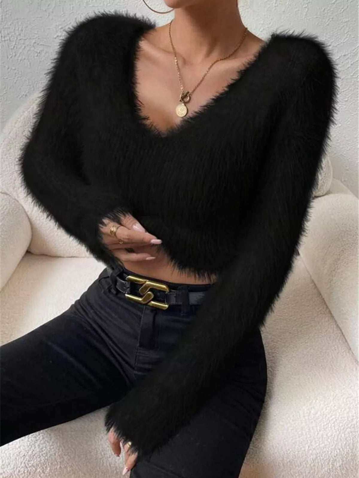 Fluffy knit sweater dark color option