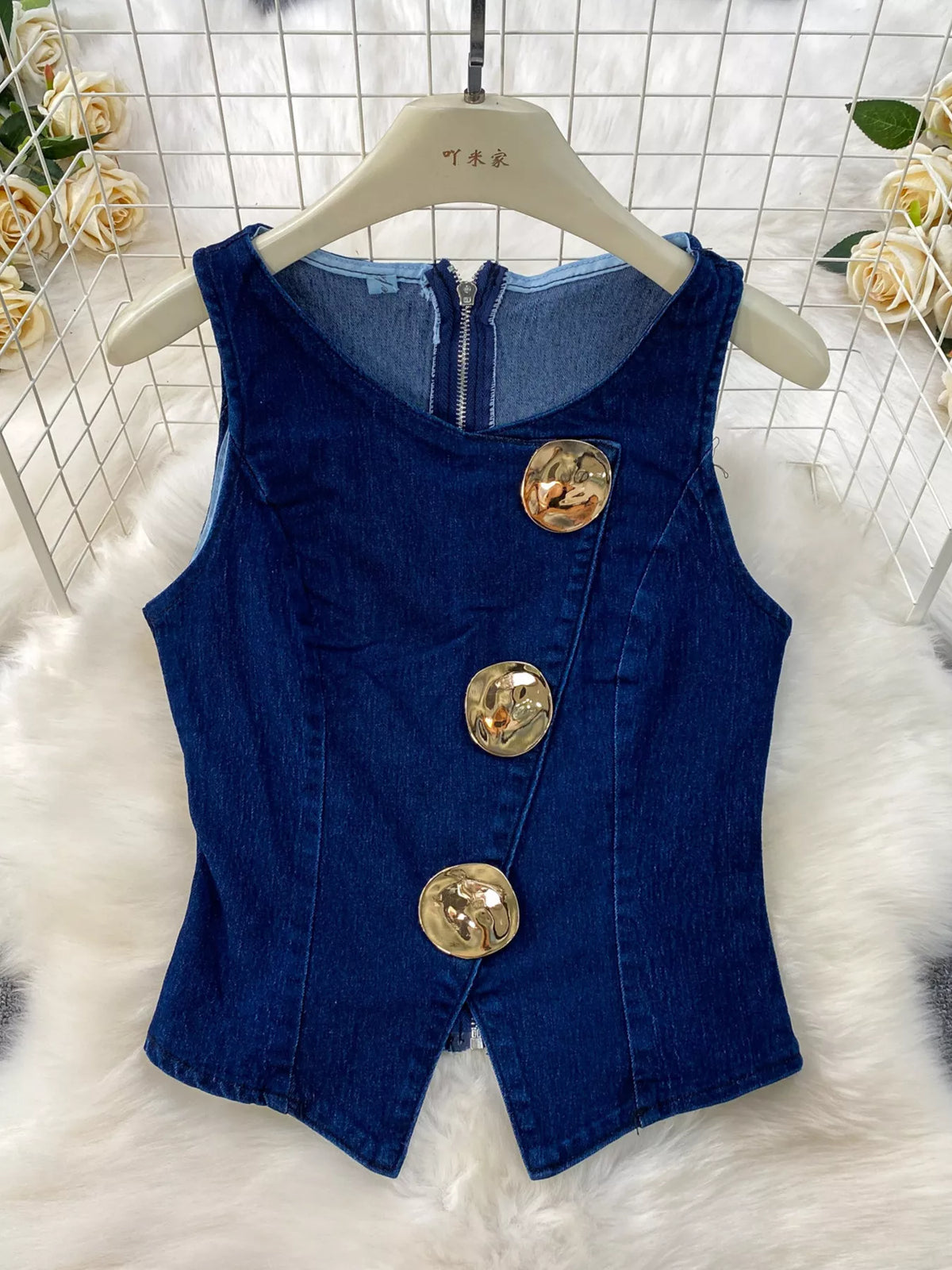 Dark blue denim two piece set styling