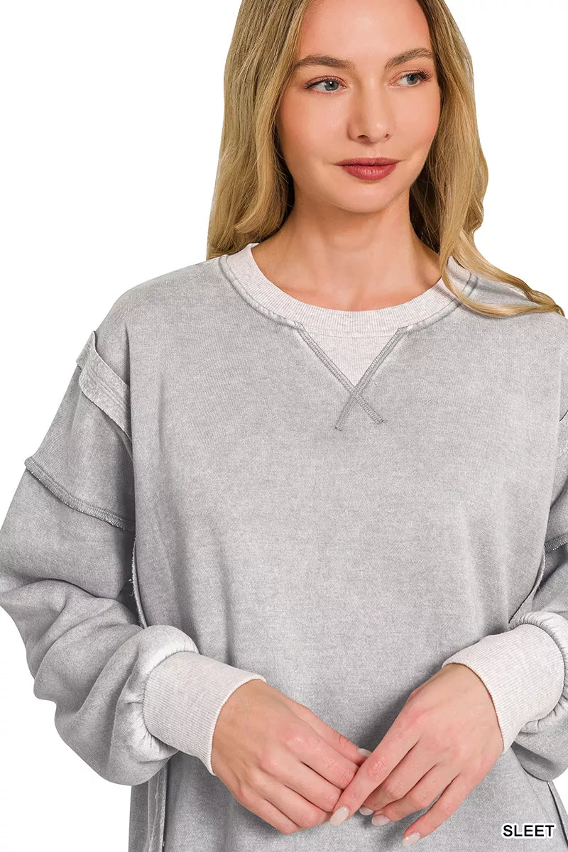 Zenana acid wash contrast trim sweatshirt on model