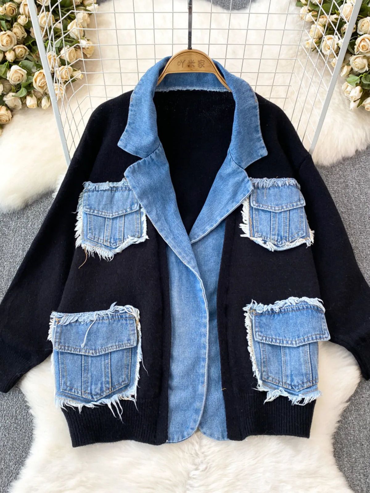 raw hem patchwork pocket cardigan full length view