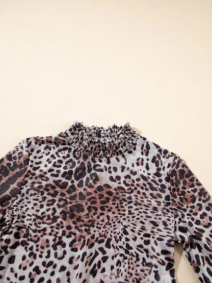 Leopard Print Long Sleeve Mock Neck Bodysuit - Fashorio