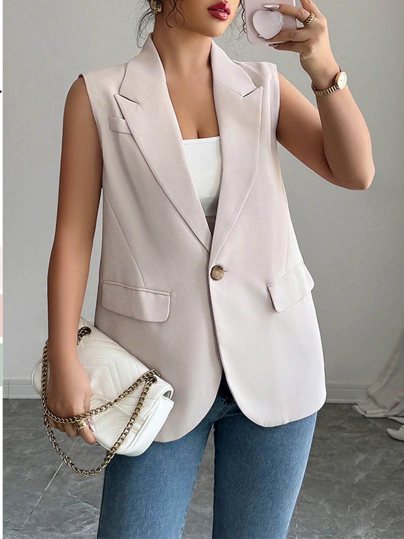 One Button V-Neck Blazer Vest Coat - Fashorio