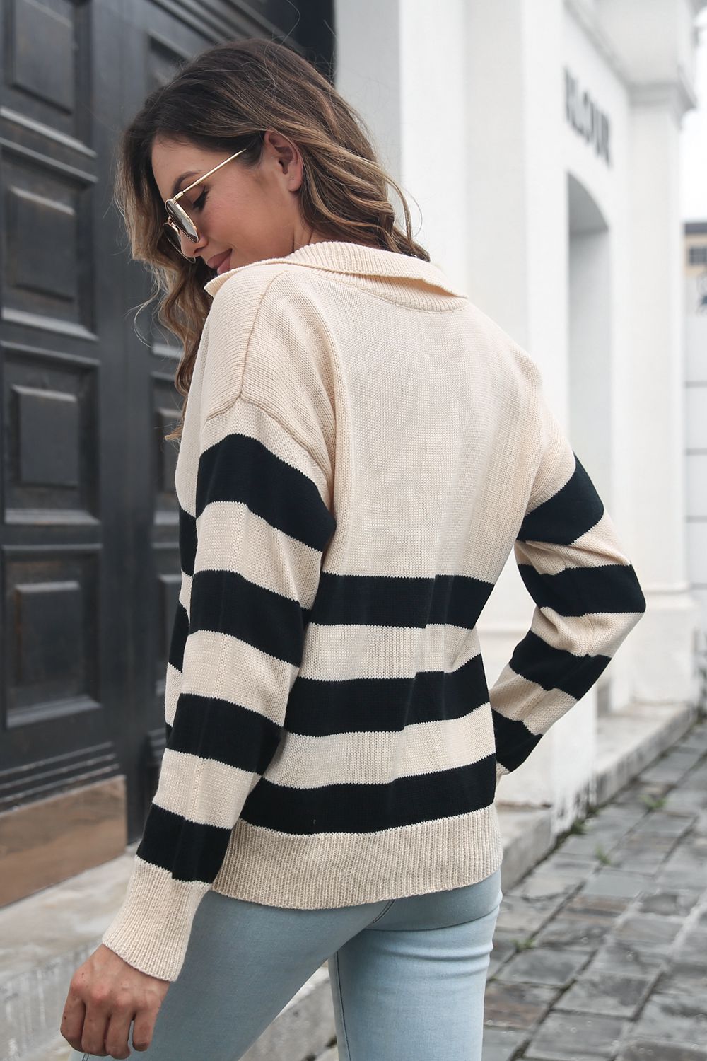 Striped Johnny Collar Sweater - Fashorio