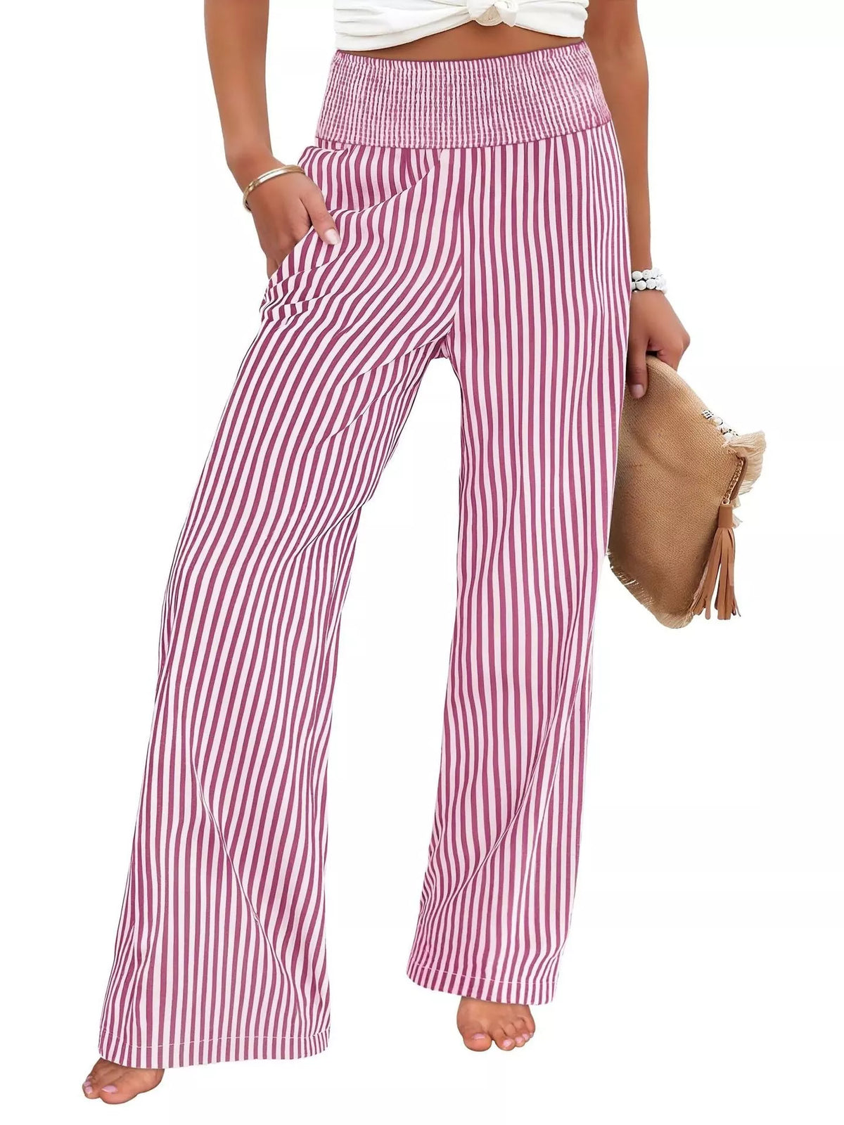 Striped smocked waist wide leg pants full length view