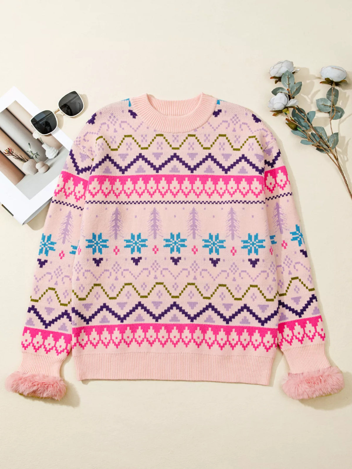 blush pink feather cuff patterned knit sweater side view