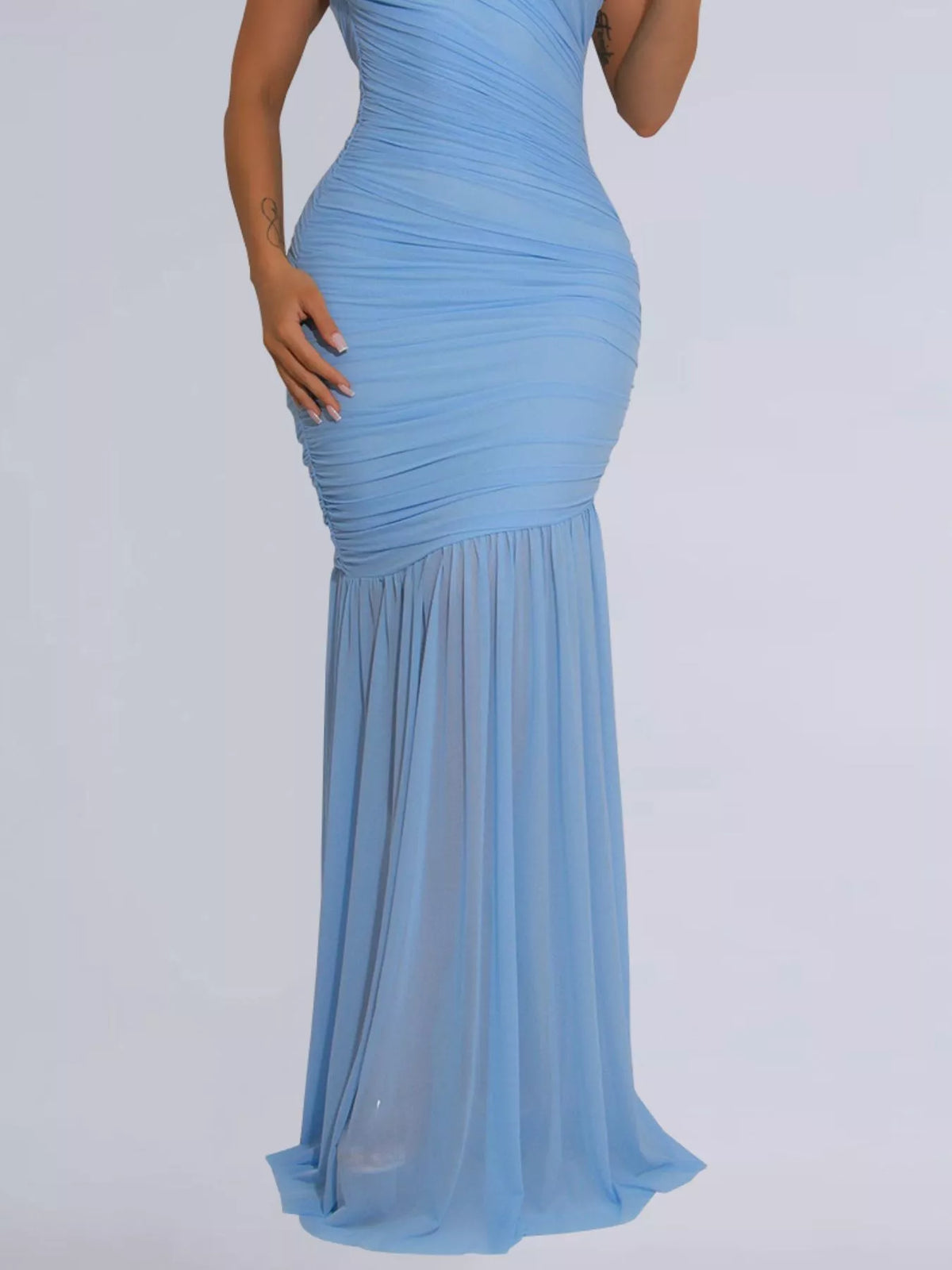 One shoulder ruched bodycon maxi dress side view