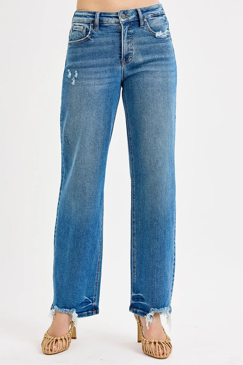 Dark wash baggy denim raw hem detail