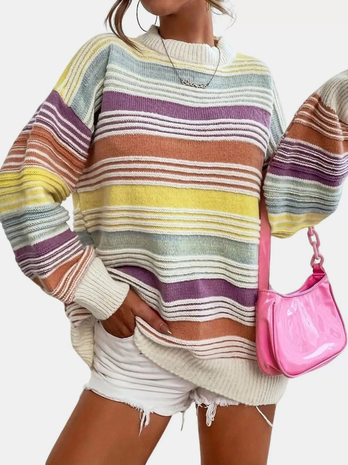 Striped knit long sleeve sweater, front view