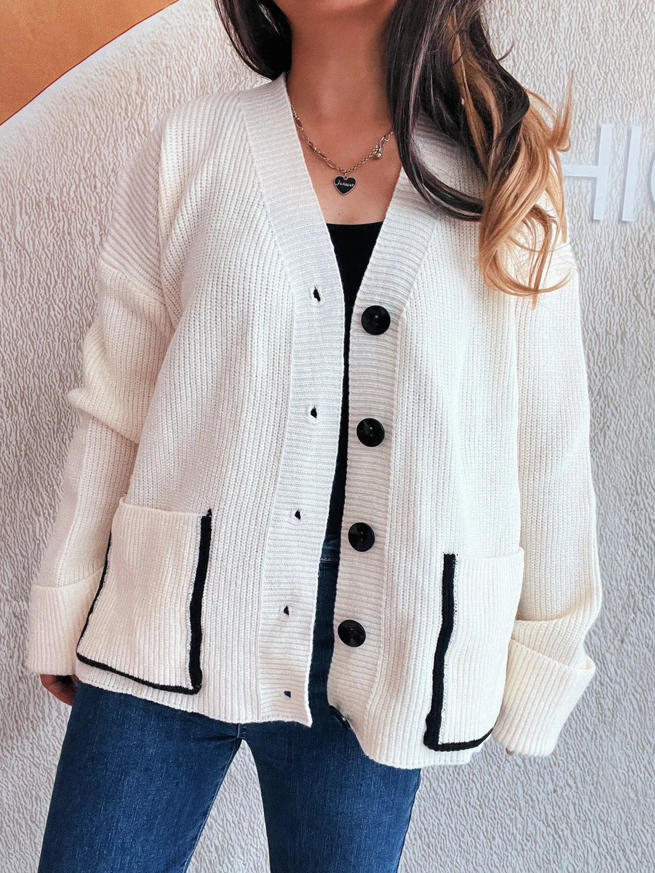 Button-Front Ribbed Cardigan with V-Neck - Fashorio