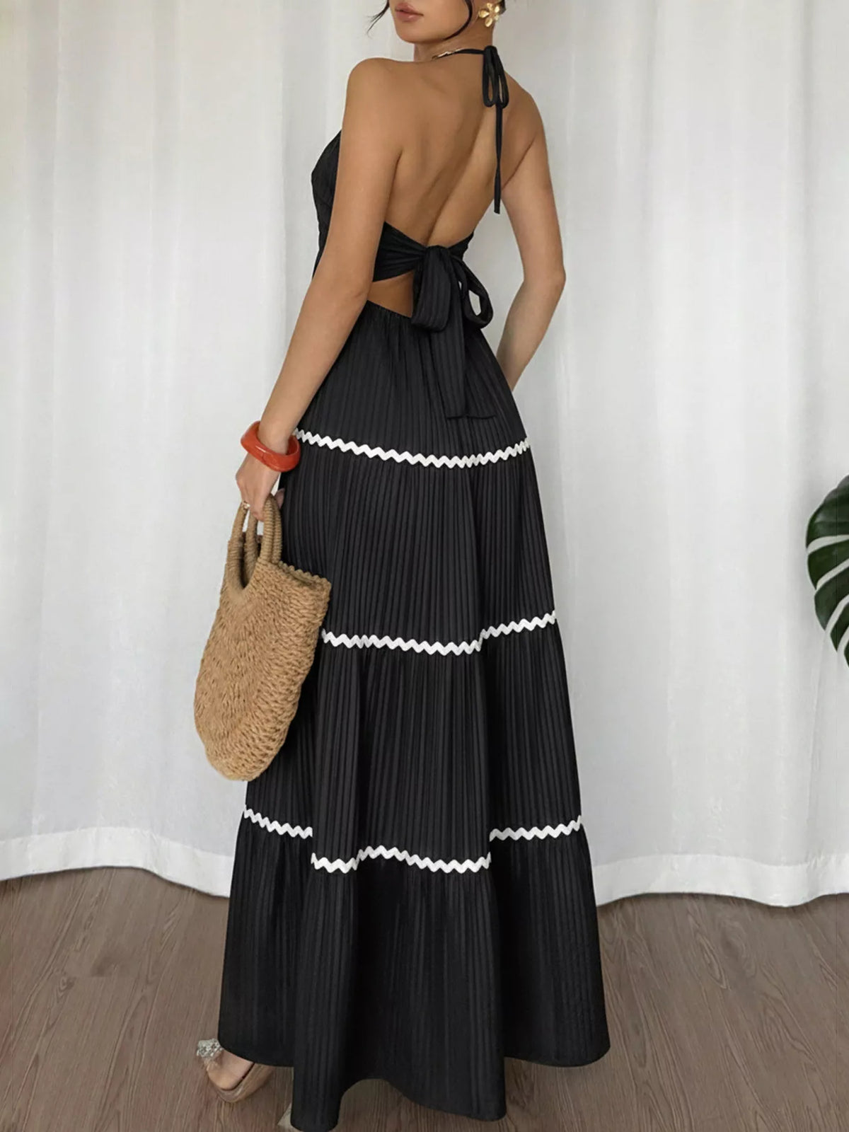 black halter neck pleated maxi dress detail view