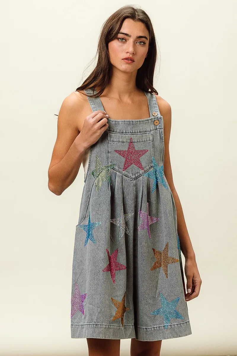 BiBi Star Rhinestone Washed Wide Leg Shortalls - Fashorio