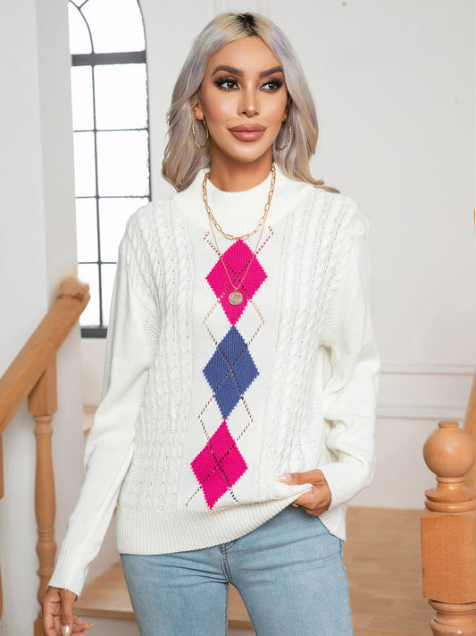 Openwork Geometric Mock Neck Sweater White - Fashorio