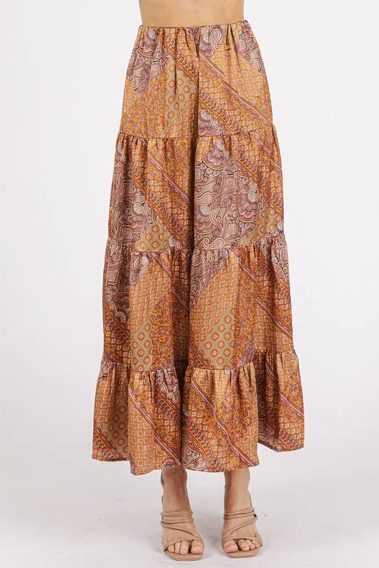 Paisley print satin tiered maxi skirt front view