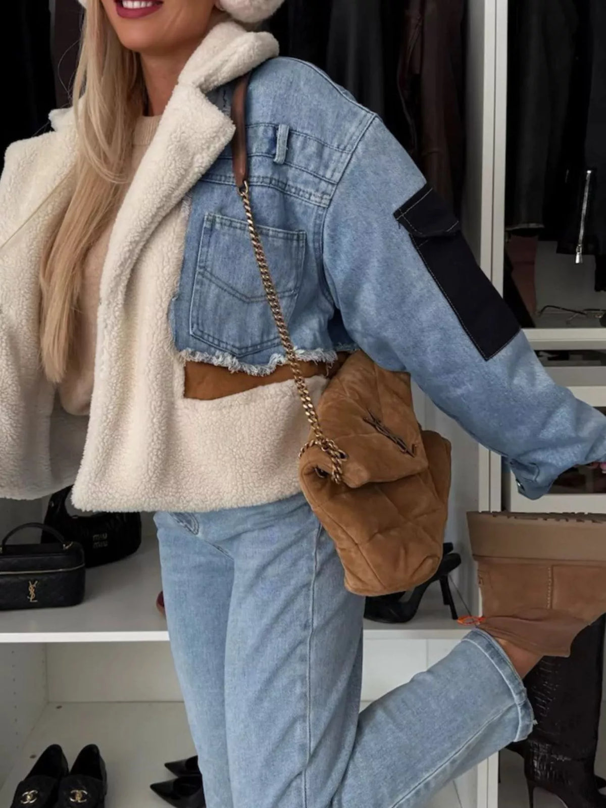 Raw Hem Sherpa Lined Denim Jacket in Light Blue side view
