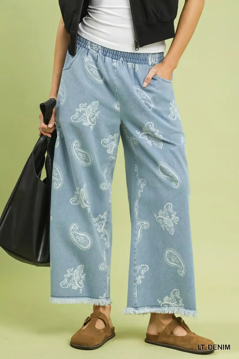Light wash paisley wide leg denim pants front view