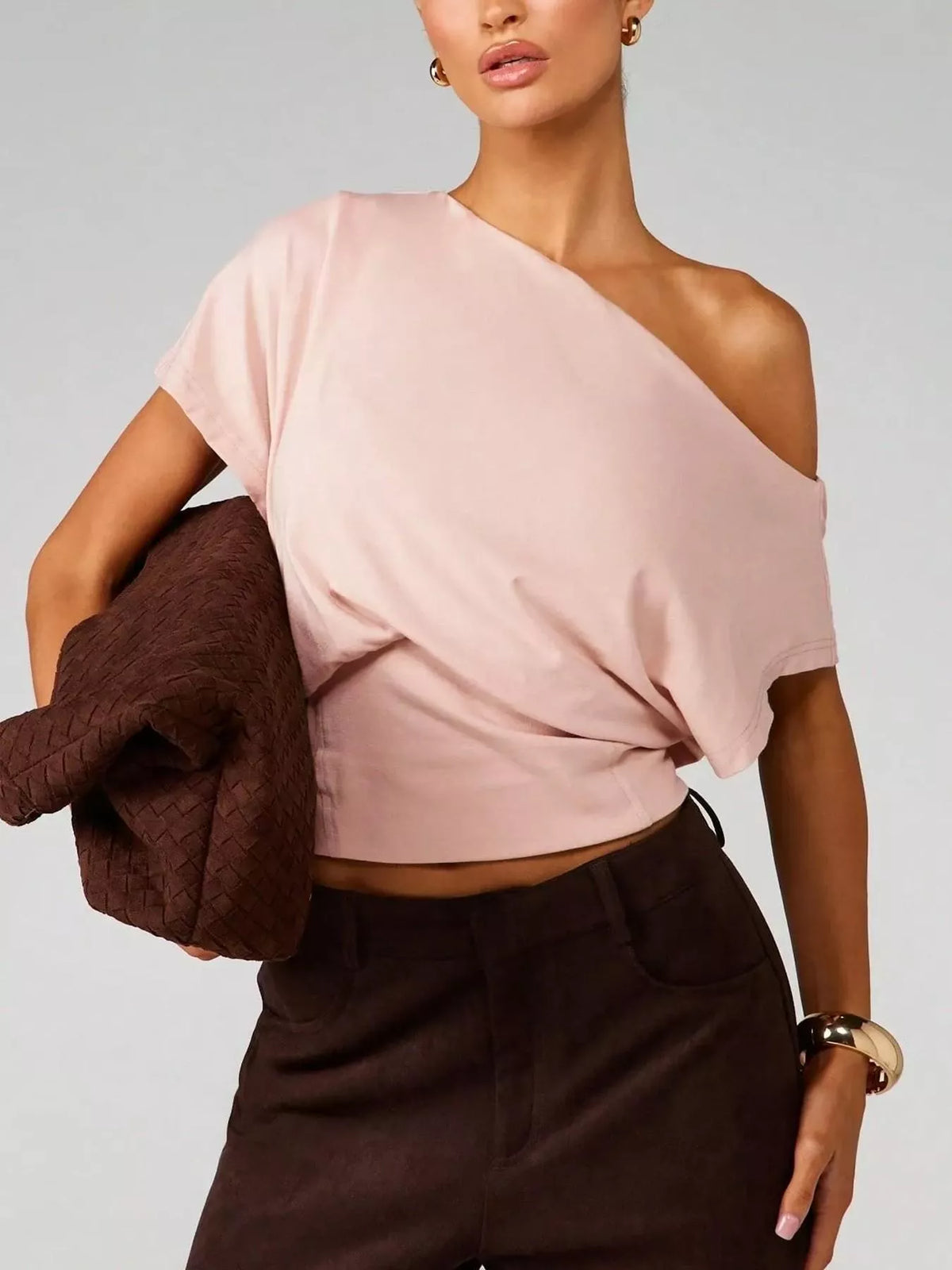 One shoulder crop tee back view