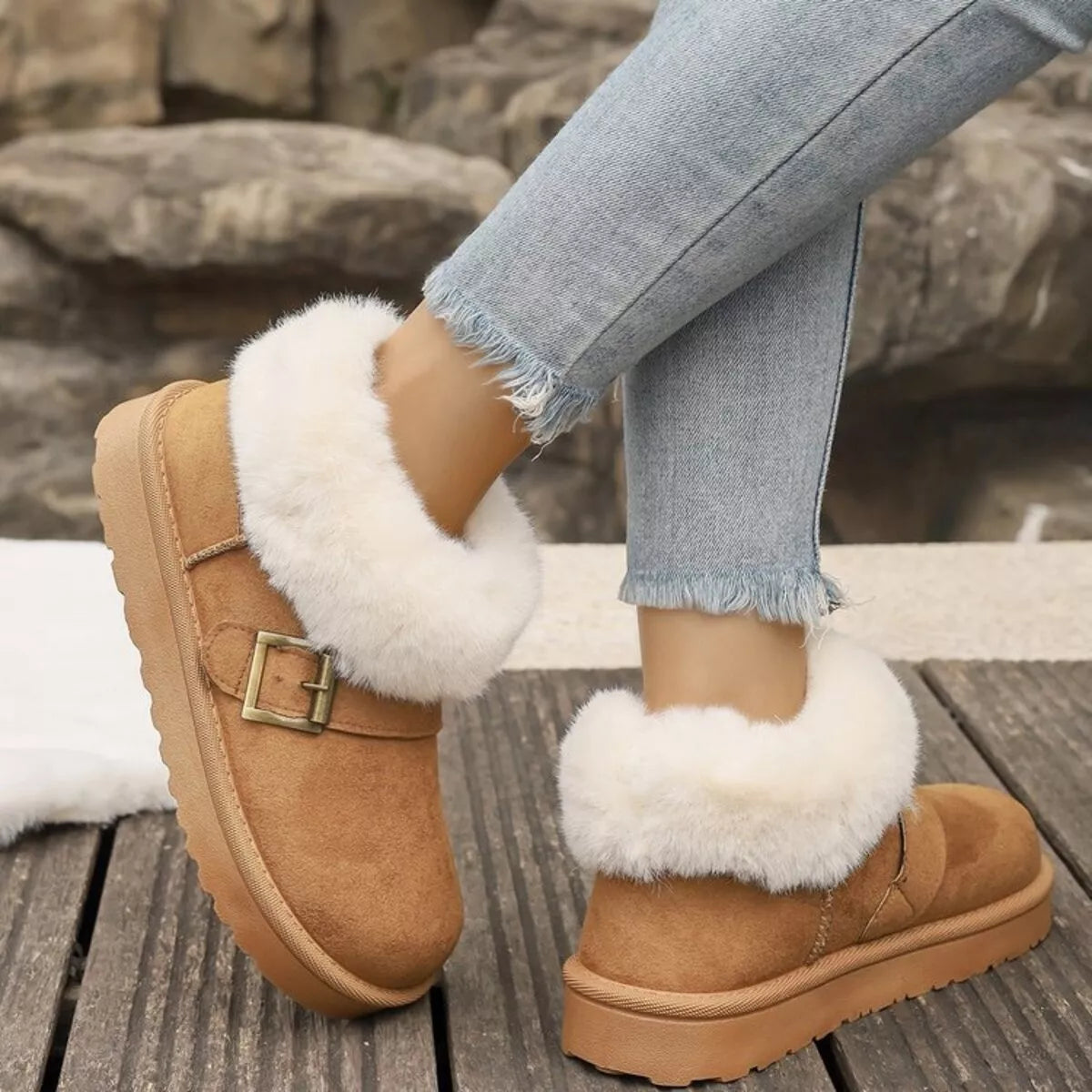fuzzy trim buckle winter boots material texture