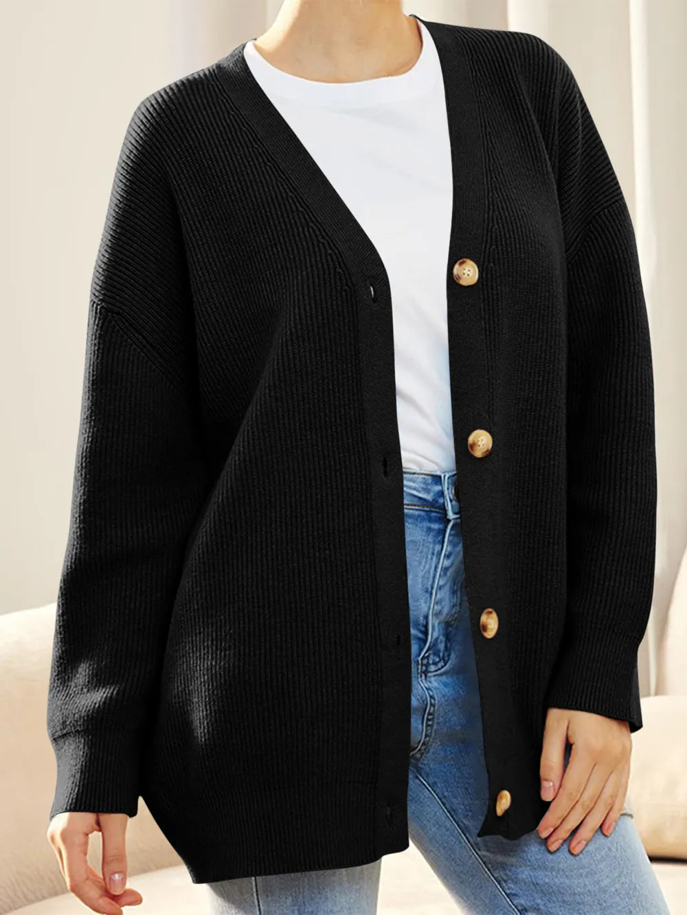 Button Down V-Neck Long Sleeve Cardigan Black - Fashorio