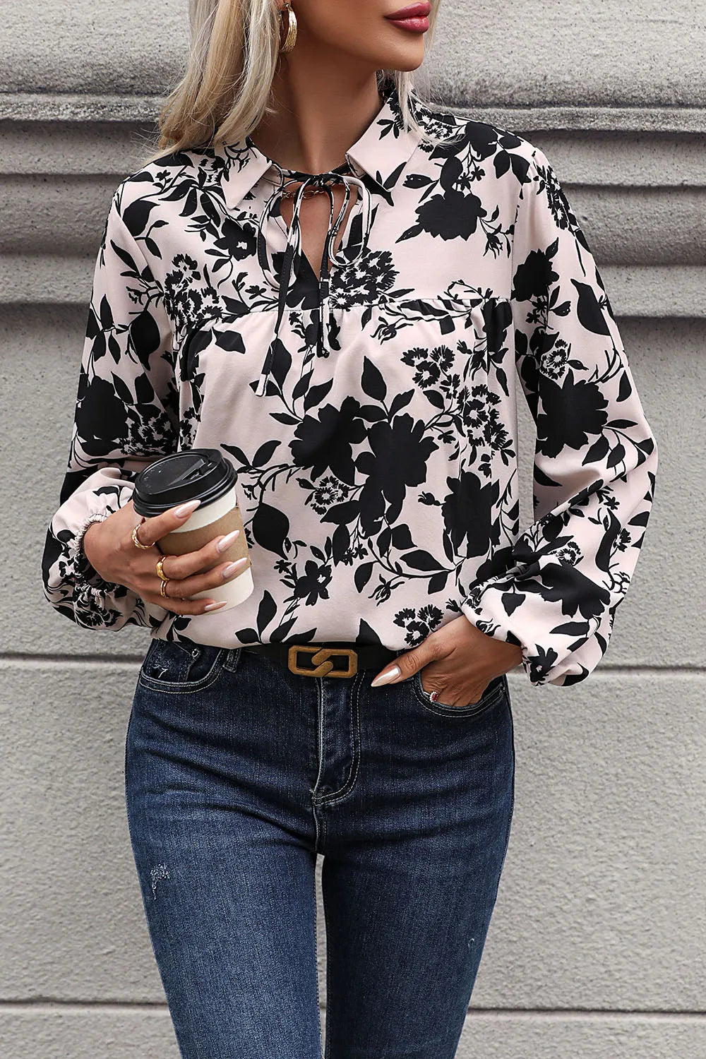 Perfee Printed Tie Neck Balloon Sleeve Blouse - Fashorio
