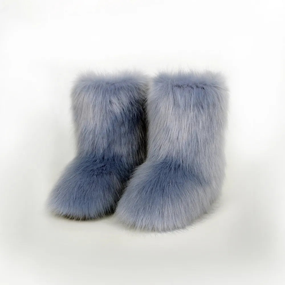 Dusty Blue thermal fuzzy platform boots front facing view