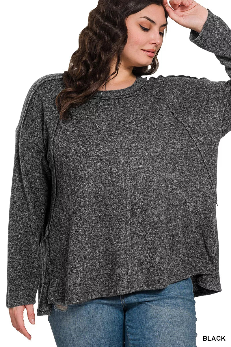 Brushed Hacci Exposed Seam High Low Sweater Plus Size in Black back view