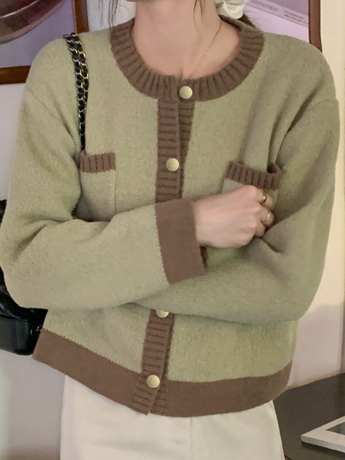Contrast trim cardigan layered outfit
