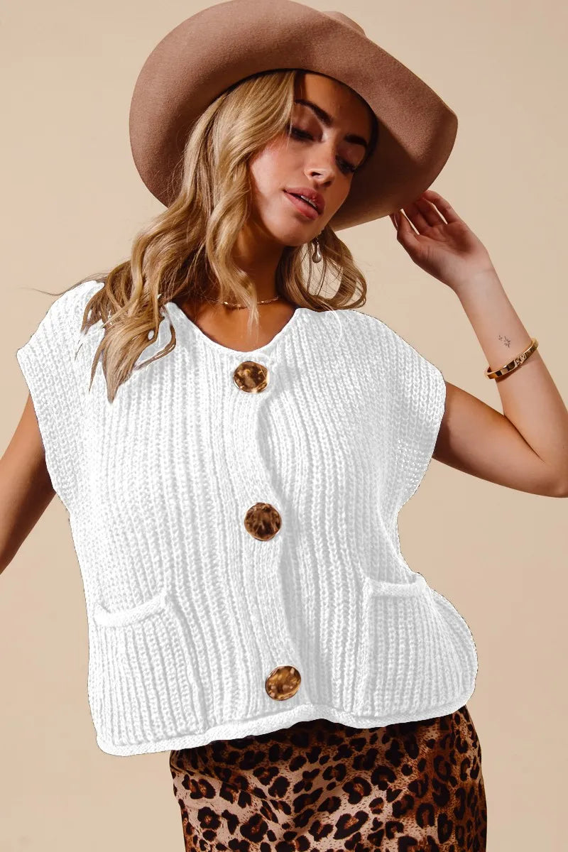 Big Button Front Sweater Vest in Off White